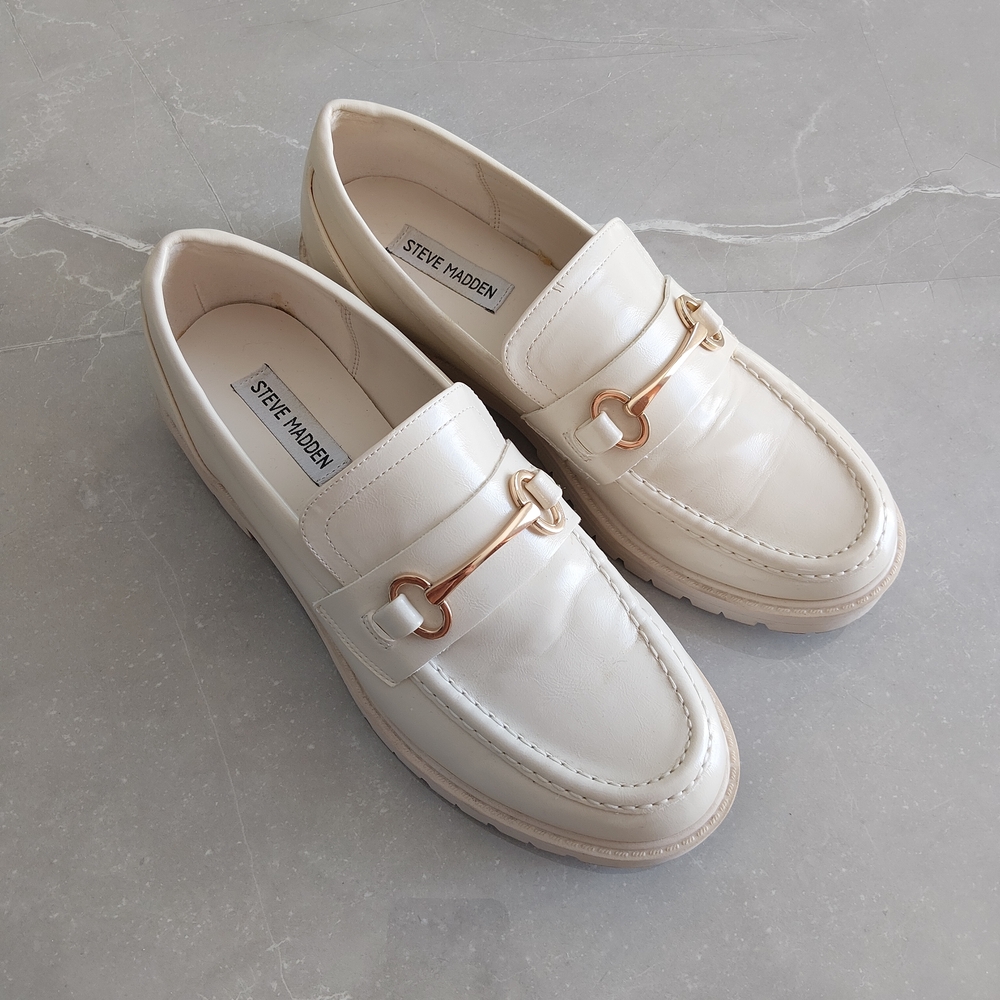 Steve Madden Cream Patent Loafers with Gold Accent